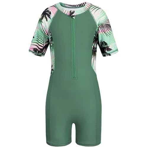 HOZIY Girls Rash Guard Swimsuit One Piece Short Sleeve Front Zipper Swimwear UPF 50+ Bathing Suits 4-14Y 5-6 Years Green Palm