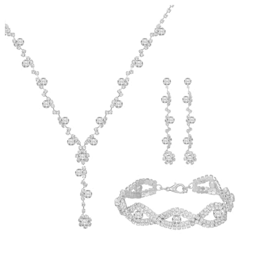 Emibele Damen-Schmuck-Set, Funkelndes Zirkonia-Schmuckset Strass-Kristall-Anhänger-Halskette Ohrringe Gliederarmband, Statement-Schmuck Geschenke für Frauen Hochzeit Jahrestag Geburtstag Party, Silber