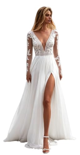 Lace Wedding Dresses for Bride 2026 Long Sleeve Chiffon V-Neck Backless Applique Boho Long Wedding Gowns for Bride with Slit Ivory US10