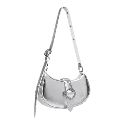 Ophlid Silver Crossbody Purse Y2K Metallic Shoulder Bags for Women Leather Punk Saddle Hobo Purses