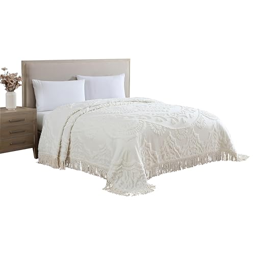 Beatrice Home Fashions Queen, Ivory, Lotus Medallion 100% Cotton Chenille Bedspread, Soft, Cozy, Lightweight, Fringe