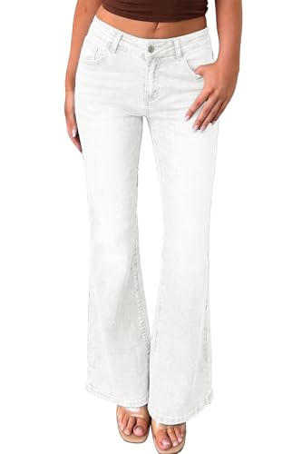 ELLEVEN Bell Bottom Jeans for Women Trendy Low Rise Y2K Stretchy Bootcut Flare Wide Leg Jeans Casual Mom Cute Denim Pants with Pockets White Denim 4