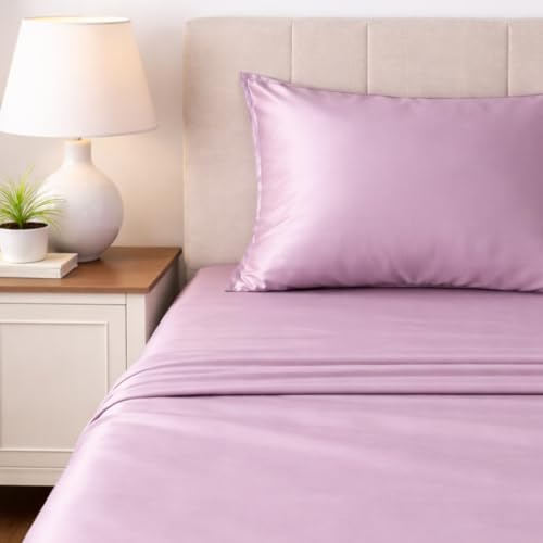 Image of LANE LINEN 100% Cotton Satin Fantasy Bedsheet Double Size - Lilac