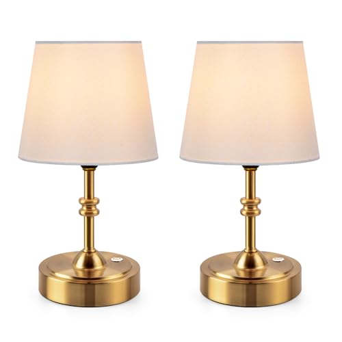 ONEWISH 2 Pack Small Cordless Lamps, Battery Operated Table lamp Dimmable, 4000mAh Rechargeable, Touch Bedside Lamp with White Fabric Shade, 2700K Bulb Included, for Dining, Patio, Bathroom(