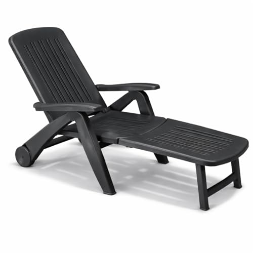 Tomaino - Lit de Jardin en Plastique - Dossier inclinable Pliable avec Roues - Camping, Plage,...