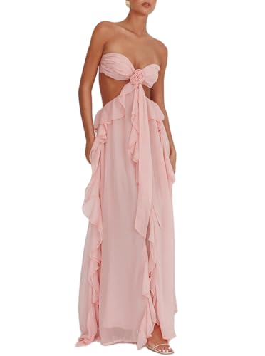 Image of Women Y2k Backless Long Dress Halter Tie Neck Maxi Dress Flowy Beach Sundress Summer Streetwear