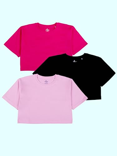 Image of KiddoPanti Girls 100% Cotton Solid Drop Shoulder Half Sleeve Round Neck Crop Tee