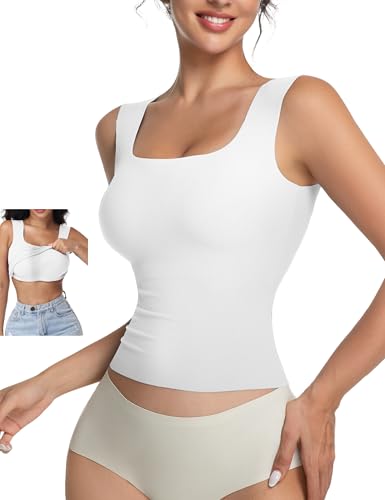 Women's Built-in Bra Tank Top Ribbed Slim Fit Wirefree Shelf Padded Tank Shirts Wide-Strap Square Neck3