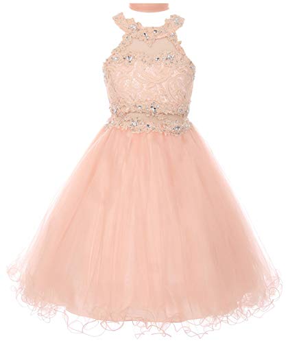 Big Girls' Sparkle Rhinestones Halter Lace Junior Bridesmaid Pageant Flower Girl Dress Blush 14 (C50C40C) #TOP4