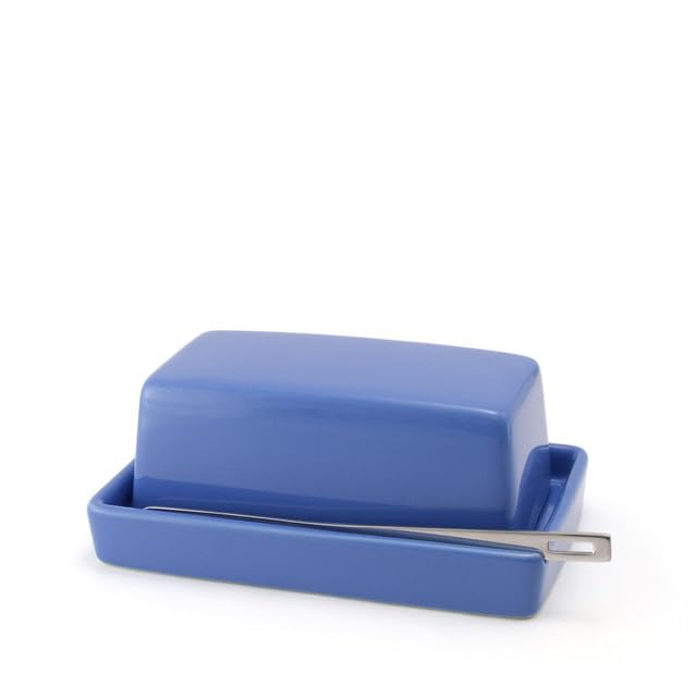 Bee House Zero Japan Ceramic Butter Dish with Lid and Knife for Countertop or Refrigerator - Butter Mold Microwave Safe, Lead-Free, Durable & Stylish Holder - Blueberry