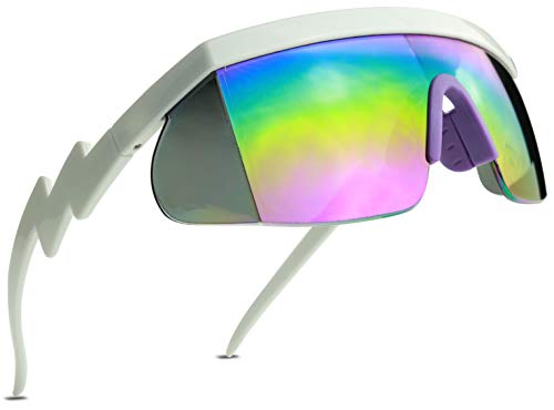 Image of ShadyVEU Semi Rimless Neon Rainbow Sunglasses Mirrored Lens UV Protection 80s Retro Rave Shades Crooked ZigZag Bolt Arm