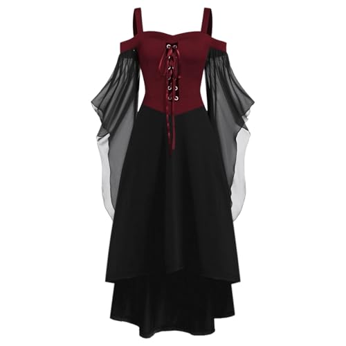 Frauen Gothic Kleid, Vintage Batwing Ärmel, Dunkle Einfarbigkeit, Stilvolles Halloween Outfit für den Abend,Rot,S