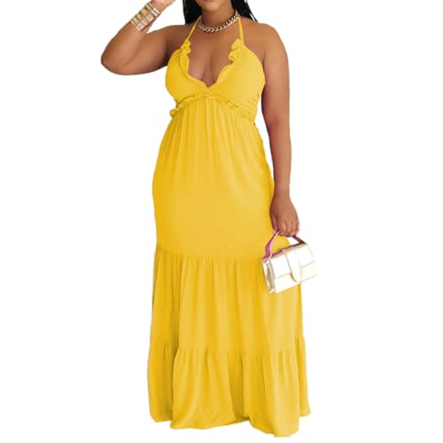 Image of TOPSRANI Womens Sleeveless Maxi Dress Halter Casual Backless Smocked Tiered Ruffle Flowy Sexy Slip Sling Strap Dresses