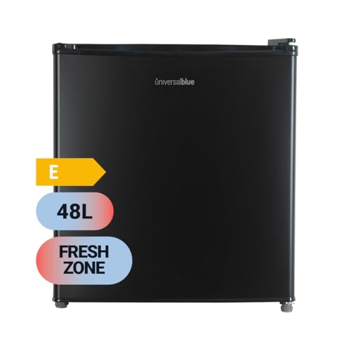 UNIVERSALBLUE Mini Bar 48 litros Negro | Frigorífico Pequeño | Nevera Eléctrica | Congelador Minibar | Puerta Reversible | Zona Fría de 0º a -10ºC | Temperatura ajustable | Luz Interior