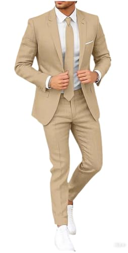 Botong Traje de lino ajustado para hombre, conjunto de pantalones blazer con un botón, traje de verano para la playa y boda, champán, 50