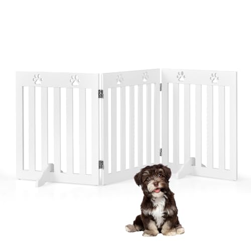 SOARS Cancelletto per Cani Pieghevoli 150 x 60 cm, Barriera per Cani in Legno a 3 Pannelli con Piedini Stabili, Recinzione per Scale, Ingressi e Corridoi (Bianco)