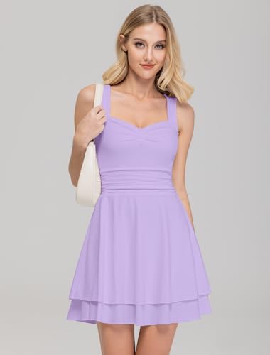Image of IWD Women's Square Neck Sleeveless Mini Dress Ruched Waist Tiered Ruffle Hem A Line Short Dresses