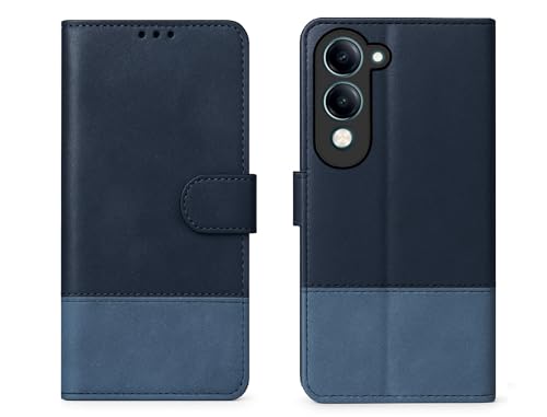 Image of Bintage Dual Colour Joint Matte Finish Vegan Leather Wallet Case Magnetic Flip Cover Compatible for Vivo V2541 / Vivo Y19s 5G - Sky & Royal Blue