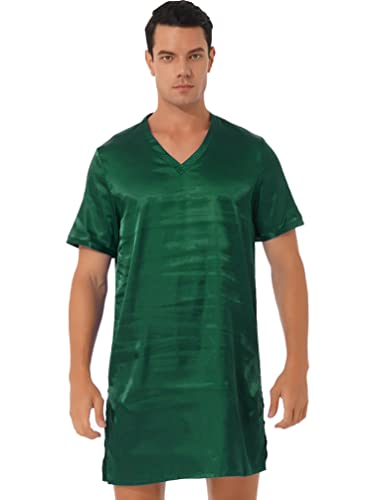 iiniim Men's Silk Satin Nightwear Short Sleeve V-Neck Pajamas Sleep Shirt Sleepwear Nightgown Sleepwear