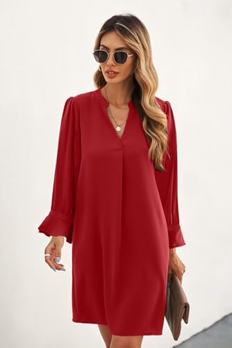 QACOHU Fall Dresses for Women 2025 Casual V Neck Long Sleeves Flowy Mini Tunic Dress - Image 3
