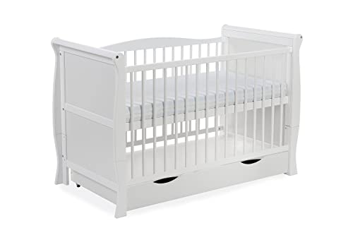 White Solid Wood Baby Cot Bed & Deluxe Foam Mattress Converts into a Junior Bed ✔ 3 Position ✔ water repellent mattress liner