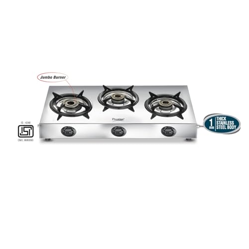 Image of Prestige Perfect Plus 03B 1mm Stainless Steel Body L.P. Gas Stove 3 Brass Burners Silver|Designer Forged Brass Burners|Removable Spill Tray