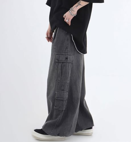 chouyatou Men's Wide Leg Baggy Denim Pants Drawstring Elastic Waist Y2k Street Cargo Jeans with Pockets2