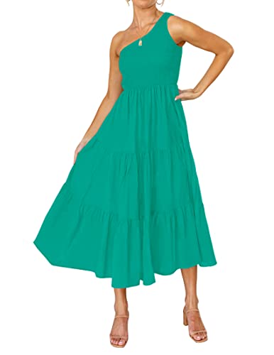 Image of ZESICA Women's 2026 Bohemian Summer Floral Print One Shoulder Sleeveless Smocked Ruffle Tiered Beach Long Midi Dress