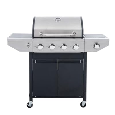 4-Burners Propane Gas Grill with Side Burner & Thermometer, 42,000 BTU Output Stainless Steel Grill for Outdoor BBQ and Camping, Patio Backyard Barbecue (4 Burner+Side Burner)