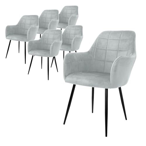 ECD Germany Lot de 6 Chaises de Salle à Manger Cuisine Salon Séjour - Gris - Assise Siège Rembourrée en Velours Structure en Métal Fauteuil Rétro avec...