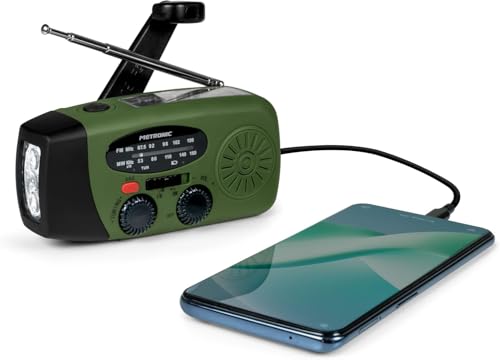 Metronic 477216 Petite Radio FM Solaire Portable Chargement 2000mAh Dynamo - Poste avec Bouton SOS Alarme Urgence - Fonction Torche Eclairage LED pour Camping, Bivouac- Vert