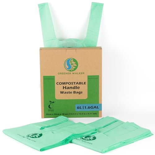 GREENER WALKER 6L Compostable Bolsa con Asas 150 Bolsas, 100% Biodegradable Basura Alimentos Cocina Bolsas de Basura con Europe EN13432 & ASTM D6400 Certificado
