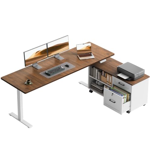 Image of OffiGo 63 inch L Shaped Electric Standing Desk with Cabinet Sets, Walnut /White | Mobile Drawers & File Cabinet Sets for Flexible Layout, Height Adjustable Executive Stand Up Desk for Home Office Workstation