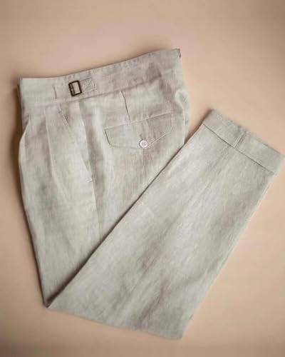 Ceehuteey Men's Linen High Waisted Trousers Comfortable Lightweight Summer Trousers Adjustable Waist Cotton Straight3
