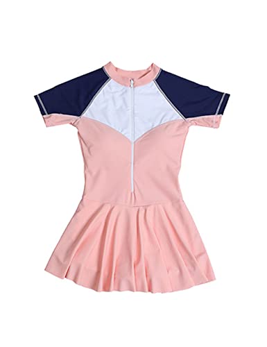 JadeRich Girls Rash Guard Bathing Suit Short Sleeve One Piece Swimsuit Color Block Zipper Swim Dress for Teenagers3
