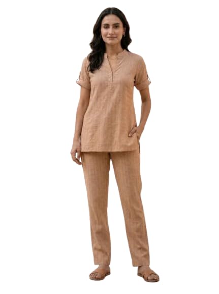 Women's Solid Yellow Co-Ord Set | V-Neck Roll-Up Sleeve Top with Button Detail & Wide Leg Pants | Two Piece Outfit for Women-image-25