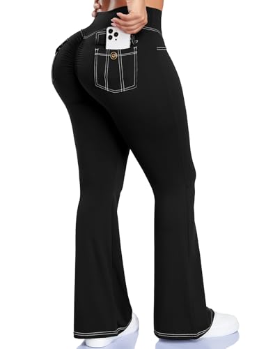 SEASUM Workout Butt Lifting Flare Leggings with Pockets for Women Scrunch Cargo Gym Casual Denim-Look Yoga Pants Black M
