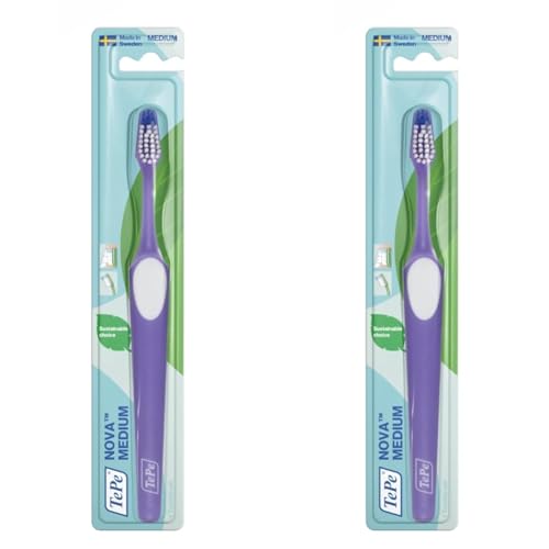 TEPE Nova Medium, spazzolino da denti per adolescenti e adulti, con manico ergonomico e antiscivolo, Colori Assortiti (Confezione da 2)