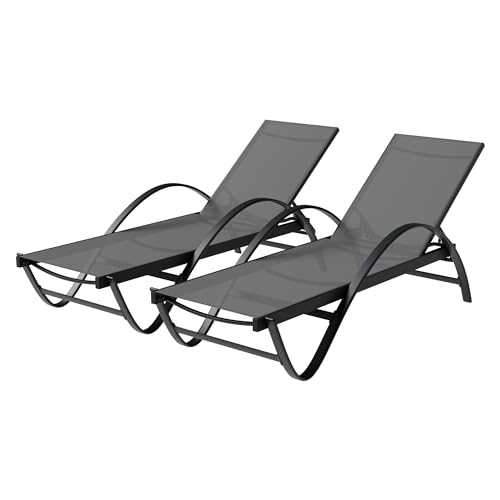 Shintenchi Patio Chaise Lounge Set of 2, Pool Chaise Lounge with Arm,Outdoor Lounge Chair with 5 Adjustable Backrest,Sunbathing Recliner,Beach Chair,Pool Chairs,Dark Grey