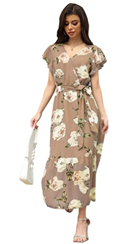 Image of VintageClothing Womens Sundress Casual Floral Summer Boho Dress | Flowy Wrap V Neck Ruffle A-Line Pleated Hem Midi Dresses