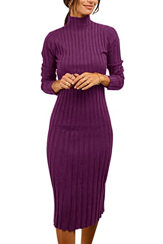 Image of MEROKEETY Women's Ribbed Long Sleeve Sweater Dress High Neck Slim Fit Knitted Midi Dress