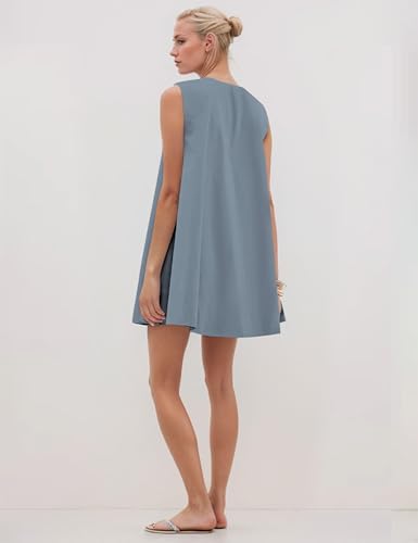 Image of OLAPTA Women Summer Sleeveless Babydoll Mini Tank Dresses Loose Fit Scoop Neck Ruched Short Dress with Pockets Party Clubwear