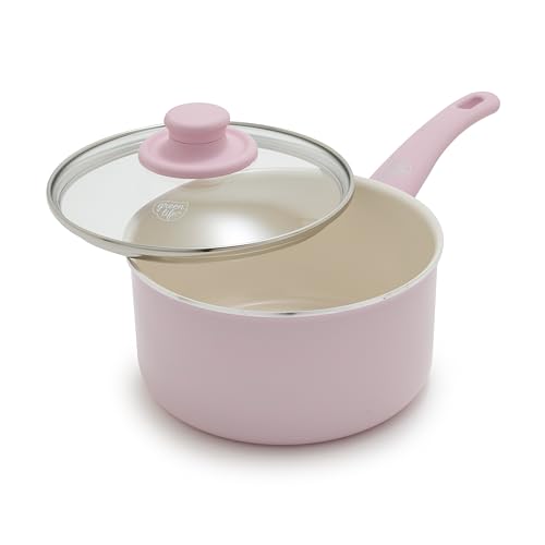 GreenLife 2.5QT Nonstick Saucepan with Glass Lid, Soft Grip, PFAS-Free Ceramic, Multipurpose Chef Pan, Milk & Sauce Cooking Pot, Dishwasher & Oven Safe to 350˚F, Stay-Cool Handle, Pink by GreenLife - Used condition - US$22.25