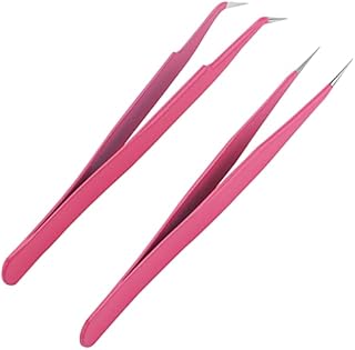 Sibba Eyelash Tweezers 2 Pcs Stainless Straight and Curved Tips Precision Volume Isolation Clip False Lash Extensions Cleaner Applicator Tool Set Pink