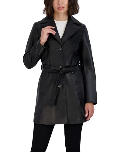 Image of TAHARI Women's Genuine Lambskin Leather Trench Coat With Notch Collar, Button Closure & Tie Belt