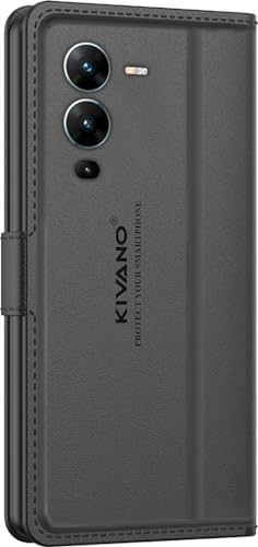 Image of KIVANO LUXE Compatible for Vivo V25 Pro Luxury Handmade Leather Magnetic Flip Folio Case | Card Holder & Kickstand | Slim Protective Cover | Unisex - Black