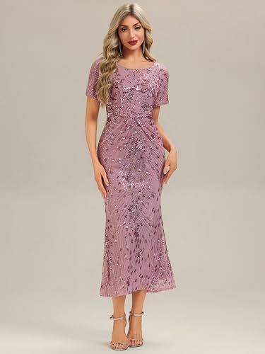 Ever-Pretty Women's Gorgeous Round Neck Sequin Embroidered Short Sleeve Maxi Mermaid Formal Evening Dresses 023873