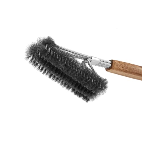 BURNHARD Grillbürste mit 3 Borsten, 42 cm, Griff aus Akazienholz, 15 cm Edelstahl Bürstenkopf