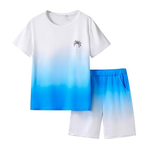 LPHGFZA Boys 2-Piece Summer Outfit – Palm Leaf Gradient T-Shirt & Shorts Set for Ages 7-11