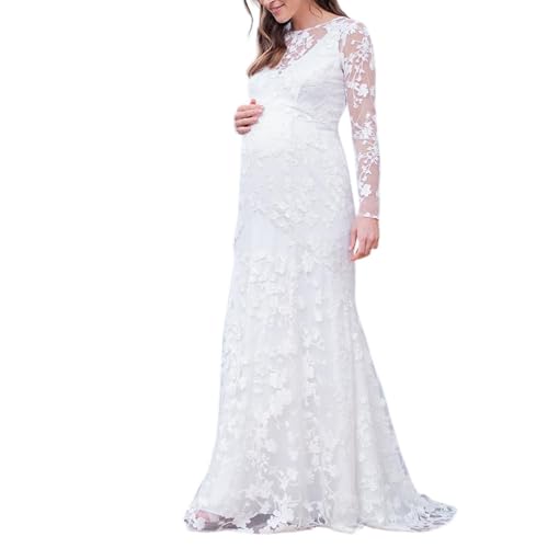 Fansu Vestido de Fiesta Premama de Encaje, Cuello en V Vestido de Maternidad Sesion de Fotos para Fotografía Ropa Premama Embarazada Elegantes Verano para Fiesta (Blanco,XL)